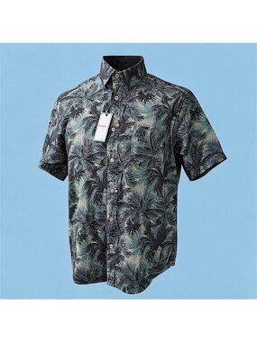 ROWM Mens Large L Tropical Leaf Print Short Sleeve Button Down Cotton Shirt
